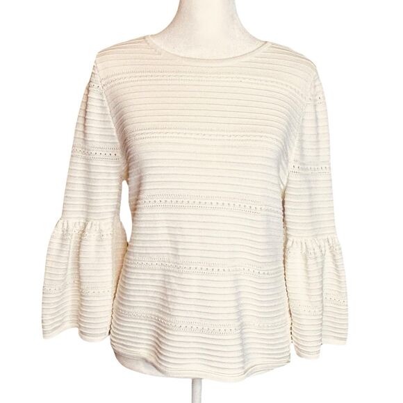 White House Black Market Bell Sleeve Top XS Ivory Pointelle Fabric Career EUC - Picture 11 of 11
